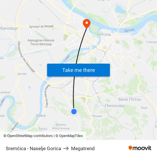 Sremčica - Naselje Gorica to Megatrend map