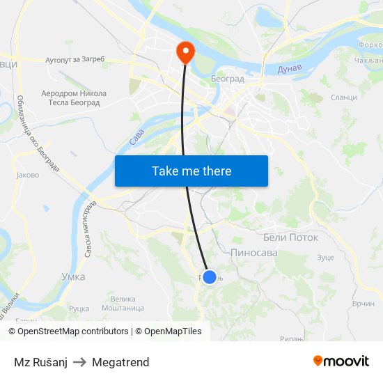 Mz Rušanj to Megatrend map