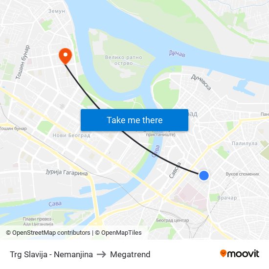 Trg Slavija - Nemanjina to Megatrend map