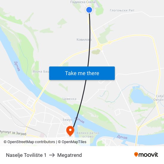 Naselje Tovilište 1 to Megatrend map