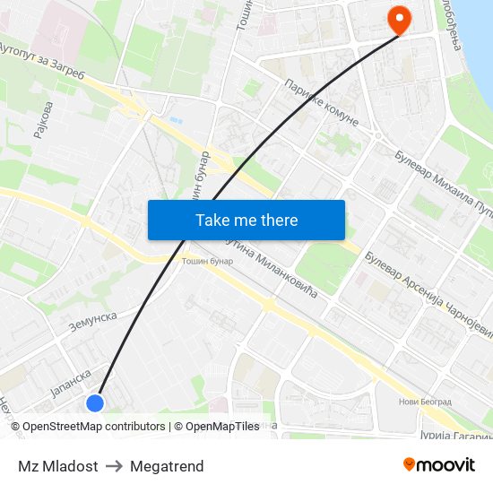 Mz Mladost to Megatrend map
