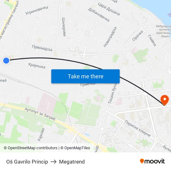 Oš Gavrilo Princip to Megatrend map