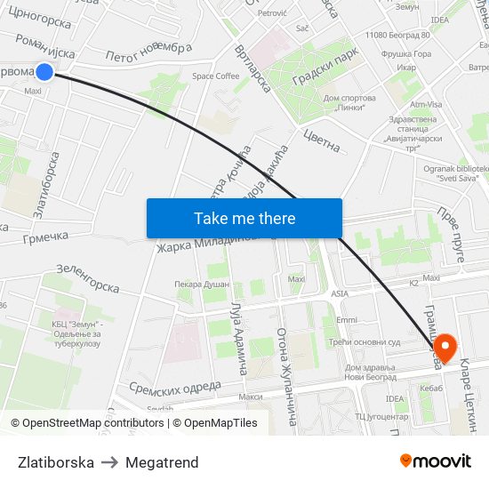 Zlatiborska to Megatrend map