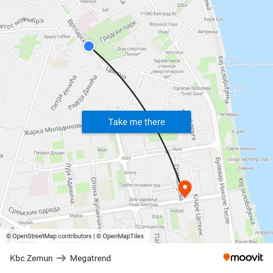 Kbc Zemun to Megatrend map