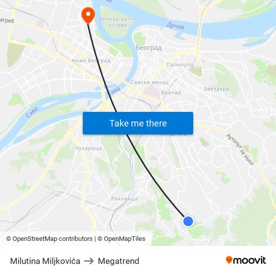 Milutina Miljkovića to Megatrend map