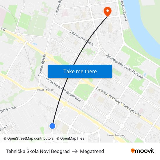 Tehnička Škola Novi Beograd to Megatrend map