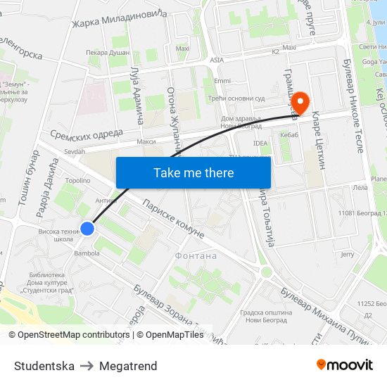 Studentska to Megatrend map