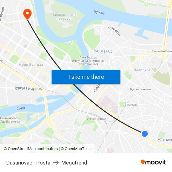 Dušanovac - Pošta to Megatrend map
