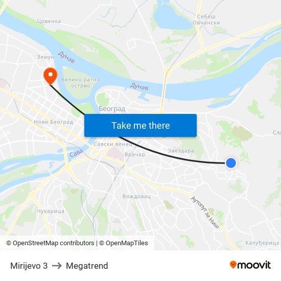 Mirijevo 3 to Megatrend map