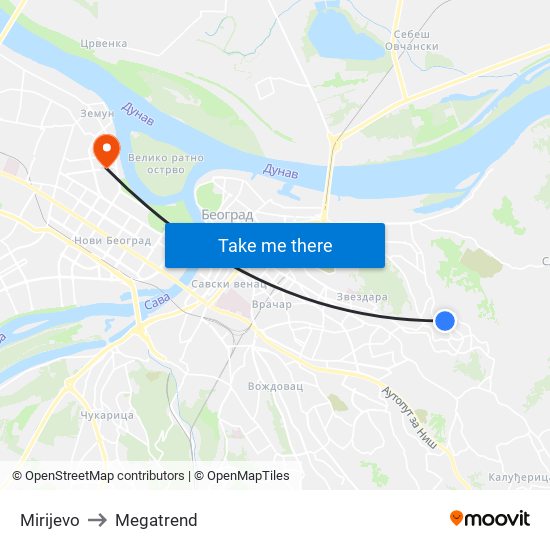 Mirijevo to Megatrend map