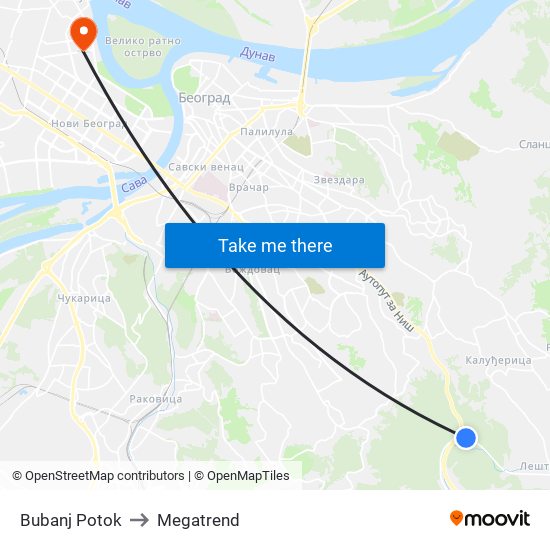 Bubanj Potok to Megatrend map
