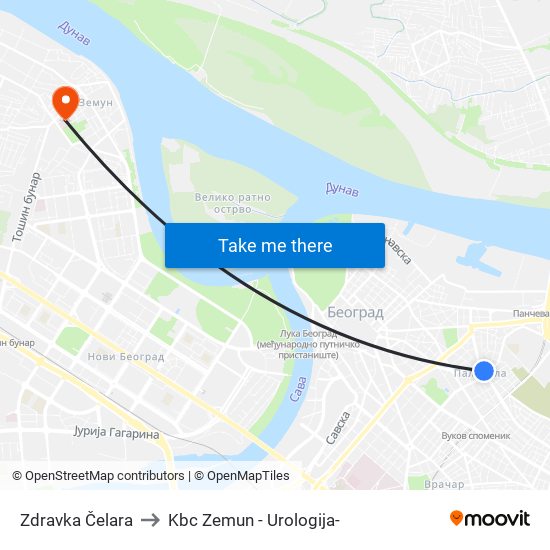 Zdravka Čelara to Kbc Zemun - Urologija- map