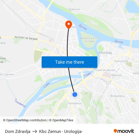 Dom Zdravlja to Kbc Zemun - Urologija- map