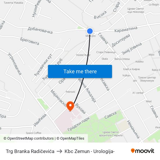 Trg Branka Radičevića to Kbc Zemun - Urologija- map