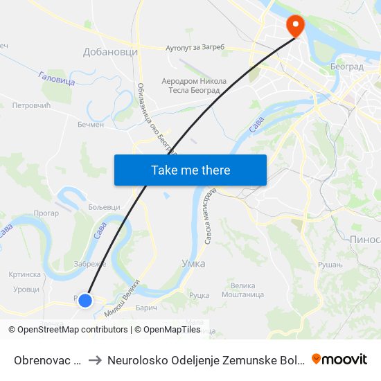 Obrenovac Аs to Neurolosko Odeljenje Zemunske Bolnice map