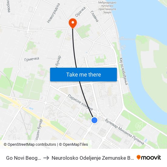 Go Novi Beograd to Neurolosko Odeljenje Zemunske Bolnice map