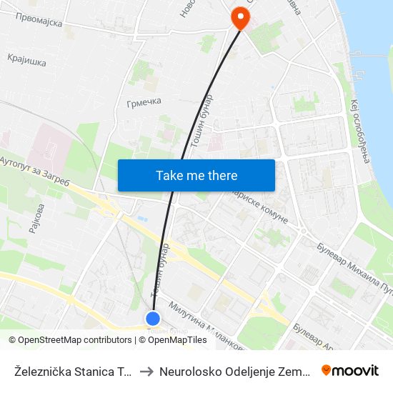 Železnička Stanica Tošin Bunar to Neurolosko Odeljenje Zemunske Bolnice map