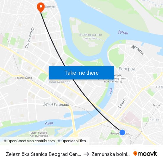 Železnička Stanica Beograd Centar to Zemunska bolnica map