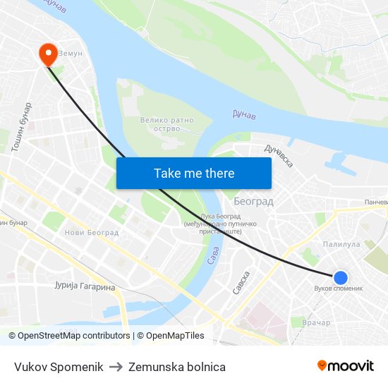 Vukov Spomenik to Zemunska bolnica map