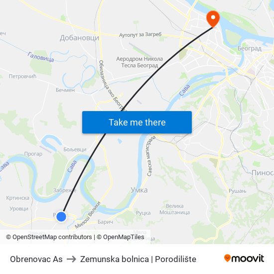 Obrenovac Аs to Zemunska bolnica | Porodilište map