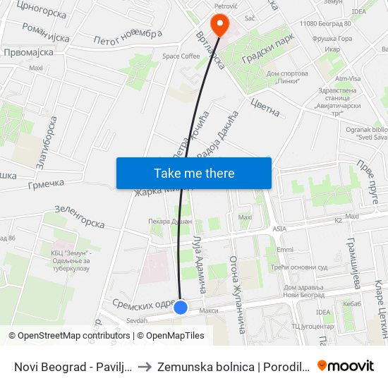 Novi Beograd - Paviljoni to Zemunska bolnica | Porodilište map