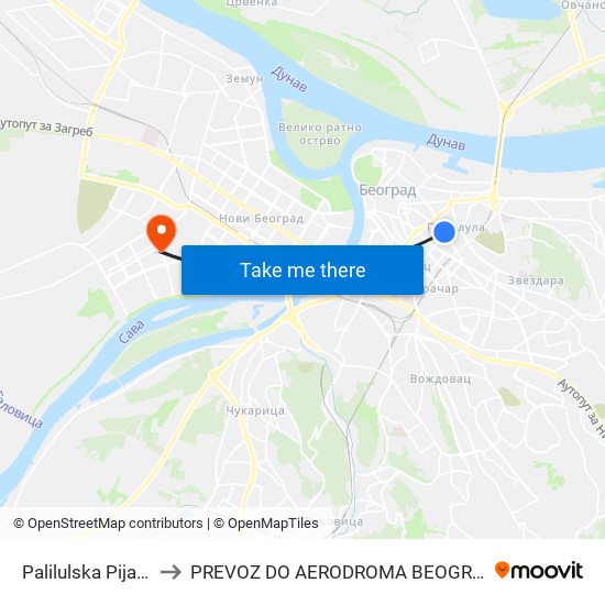 Palilulska Pijaca to PREVOZ DO AERODROMA BEOGRAD map