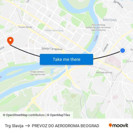 Trg Slavija to PREVOZ DO AERODROMA BEOGRAD map