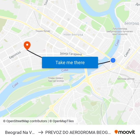 Beograd Na Vodi to PREVOZ DO AERODROMA BEOGRAD map