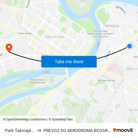 Park Tašmajdan to PREVOZ DO AERODROMA BEOGRAD map