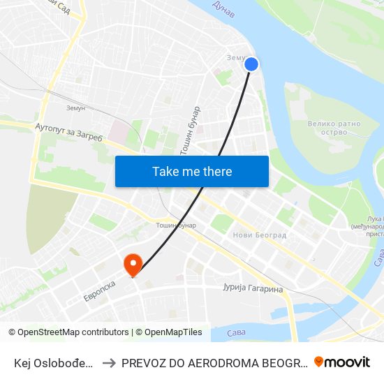 Kej Oslobođenja to PREVOZ DO AERODROMA BEOGRAD map