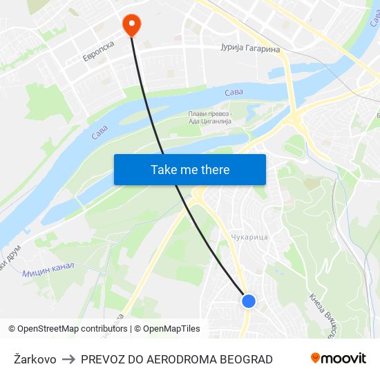 Žarkovo to PREVOZ DO AERODROMA BEOGRAD map