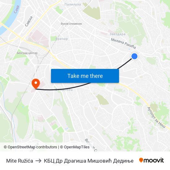 Mite Ružića to КБЦ Др Драгиша Мишовић Дедиње map