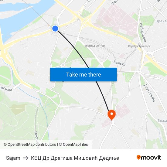 Sajam to КБЦ Др Драгиша Мишовић Дедиње map