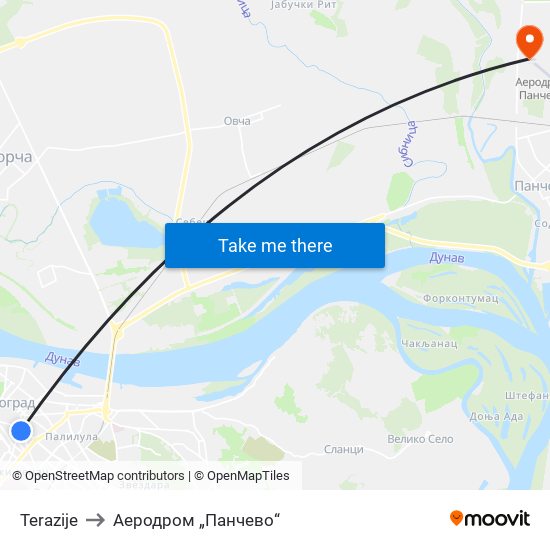 Terazije to Аеродром „Панчево“ map