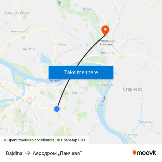 Bajdina to Аеродром „Панчево“ map