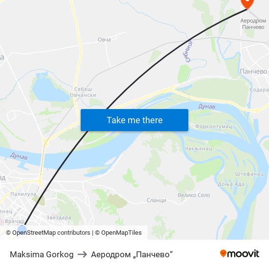 Maksima Gorkog to Аеродром „Панчево“ map