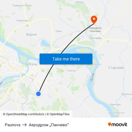 Paunova to Аеродром „Панчево“ map