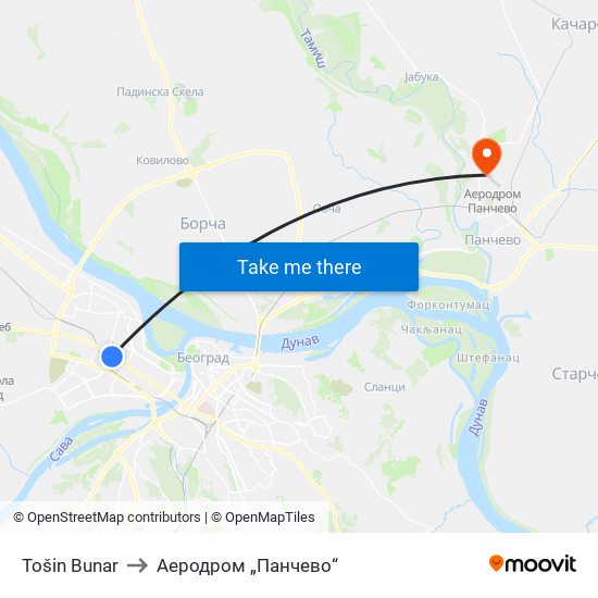 Tošin Bunar to Аеродром „Панчево“ map