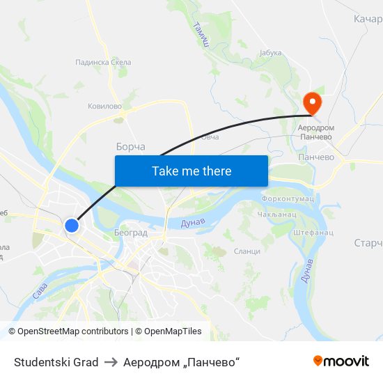 Studentski Grad to Аеродром „Панчево“ map