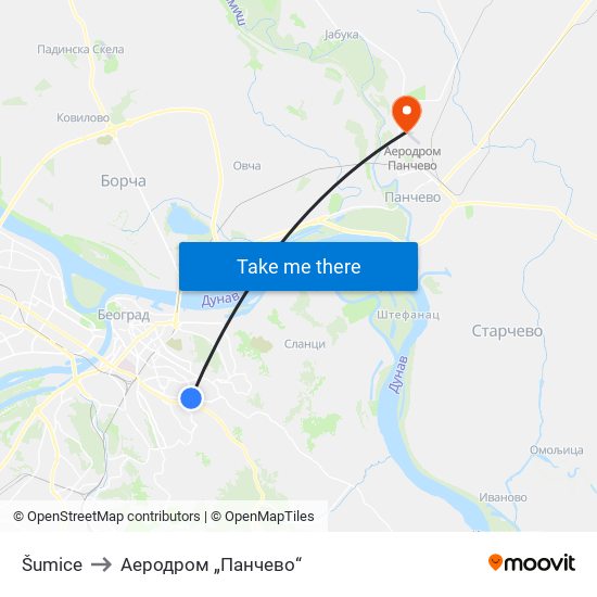 Šumice to Аеродром „Панчево“ map