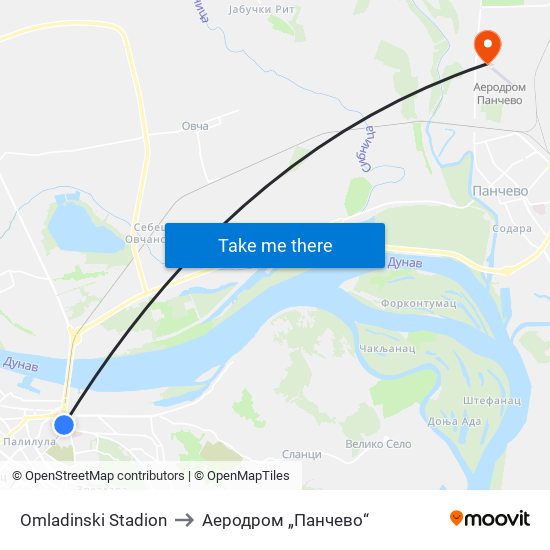 Omladinski Stadion to Аеродром „Панчево“ map