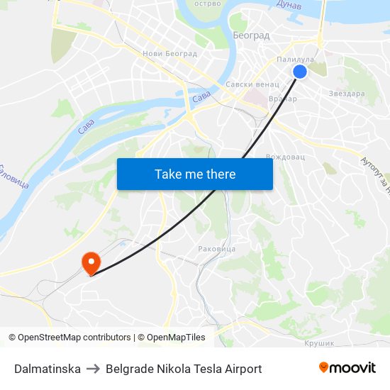 Dalmatinska to Belgrade Nikola Tesla Airport map