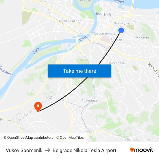 Vukov Spomenik to Belgrade Nikola Tesla Airport map