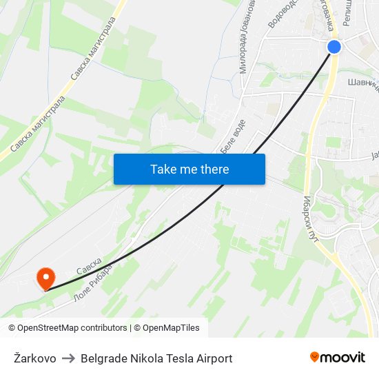 Žarkovo to Belgrade Nikola Tesla Airport map