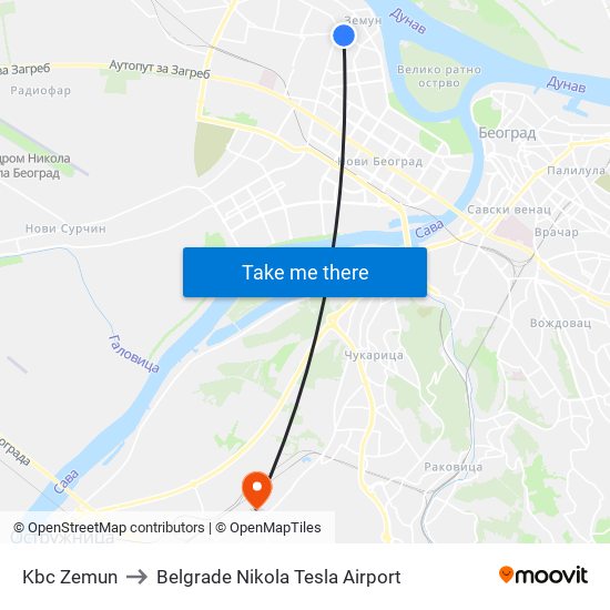 Kbc Zemun to Belgrade Nikola Tesla Airport map