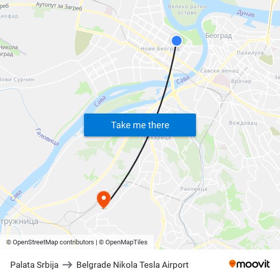 Palata Srbija to Belgrade Nikola Tesla Airport map