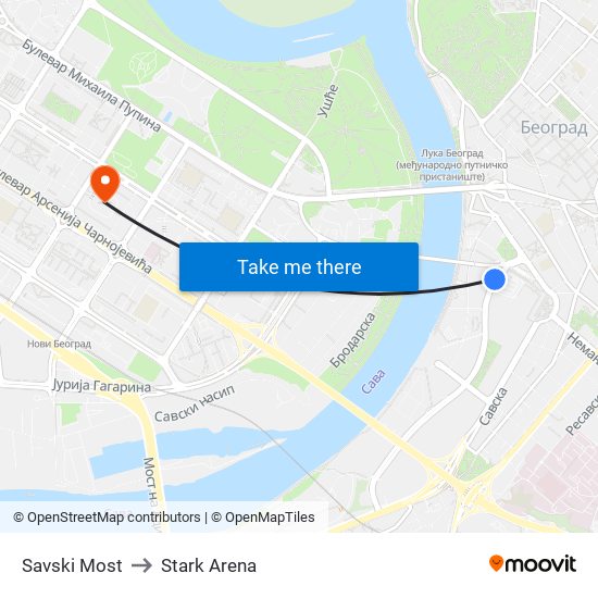 Savski Most to Stark Arena map