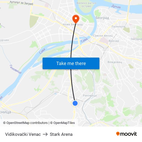 Vidikovački Venac to Stark Arena map