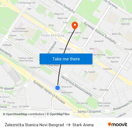 Železnička Stanica Novi Beograd to Stark Arena map