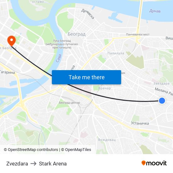 Zvezdara to Stark Arena map